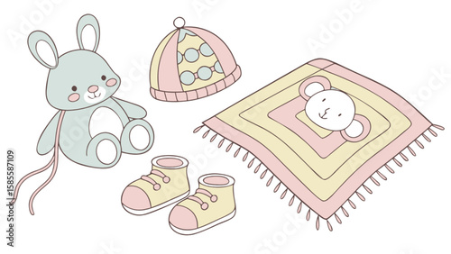 Baby essentials cute illustration: bunny toy, baby blanket, baby hat, baby shoes, soft colors, pastel 100 characters