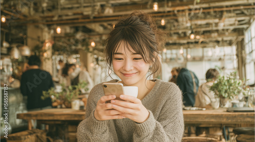 Young woman using smartphone with coffee in stylish café(スマホとコーヒーを楽しむカフェの女性)
