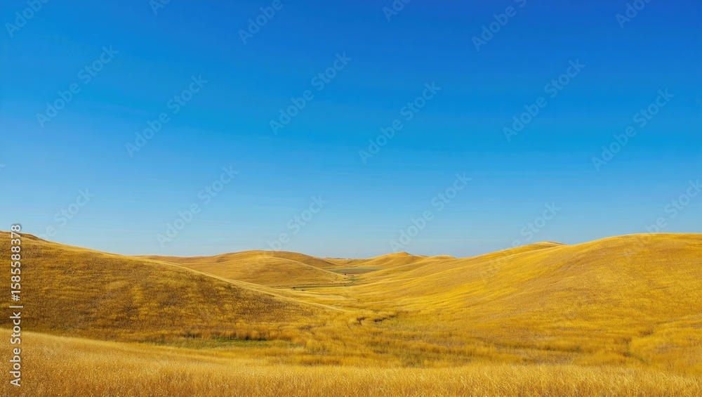 Fototapeta premium Golden rolling hills under clear blue sky golden grass
