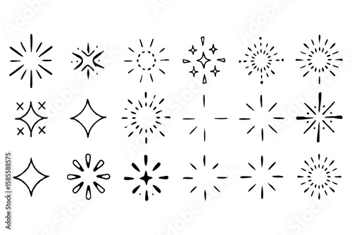 Collection of hand drawn starbursts and sparkle elements in black and white
