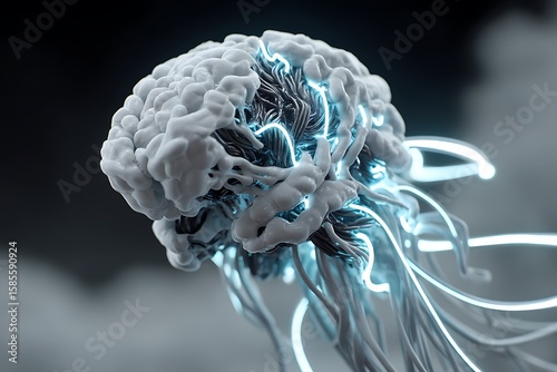A cybernetic brain surrounded by dynamic impulses and data lines in a dark, high-tech AI atmosphere, representing the future of artificial intelligence.