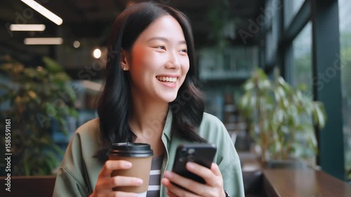 Smiling woman with coffee and smartphone in urban café(都会のカフェでコーヒーとスマホを楽しむ女性)