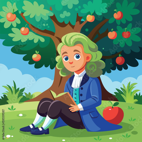 Cartoon Illustration of a Young Isaac Newton in a Playful Style