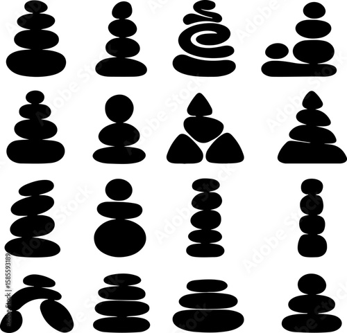Collection of sixteen black silhouette vector illustrations of balanced stacked stones in various configurations and heights on a white background