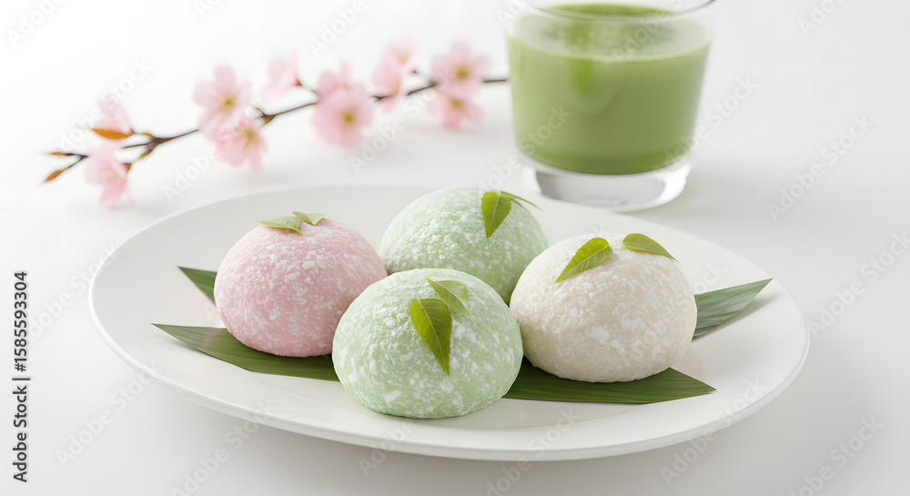 Japanese Mochi with Matcha and Cherry Blossoms on a White Plate Japanese Mochi with Matcha and Cherry Blossoms on a White Plate