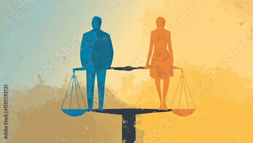 A man and woman balanced on a scale of justice