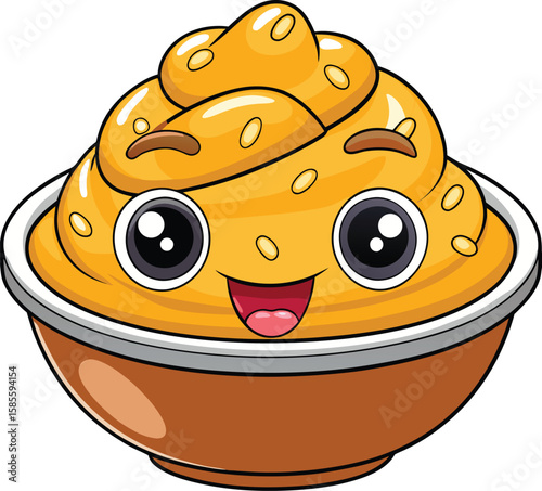 Kawaii Mashed Potatoes with Gravy Smile – Thanksgiving Bowl on White Background