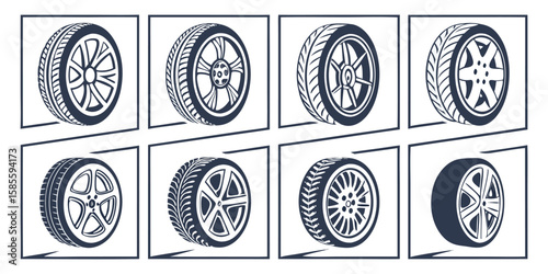 Collection of eight stylized car wheels and tires isolated on white background