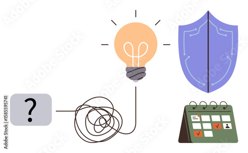 Question mark, tangled line leading to light bulb, shield, and calendar elements represent problem-solving, creative thinking, planning, protection, and time management. Ideal for innovation