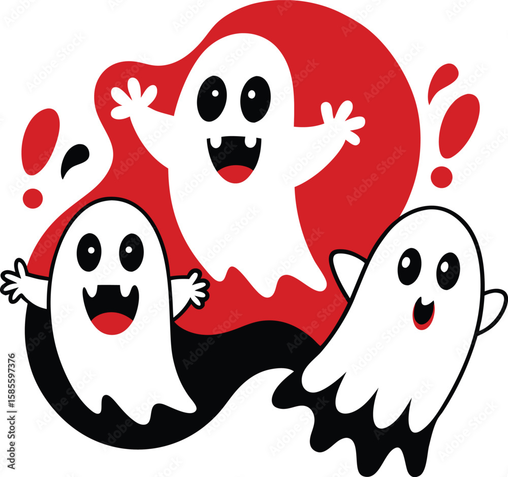 Fototapeta premium Four Friendly Cartoon Ghosts Illustration with a Dog Theme in Vector Format