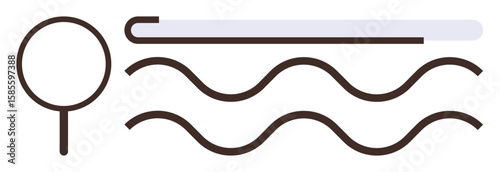 Magnifying glass, search bar, and wavy lines visualizing exploration, search, data processing, connection, analysis, discovery and technology. Ideal for clarity inquiry navigation or simple flat