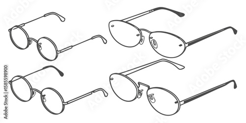 Collection of four eyeglasses with different frame shapes isolated on white background