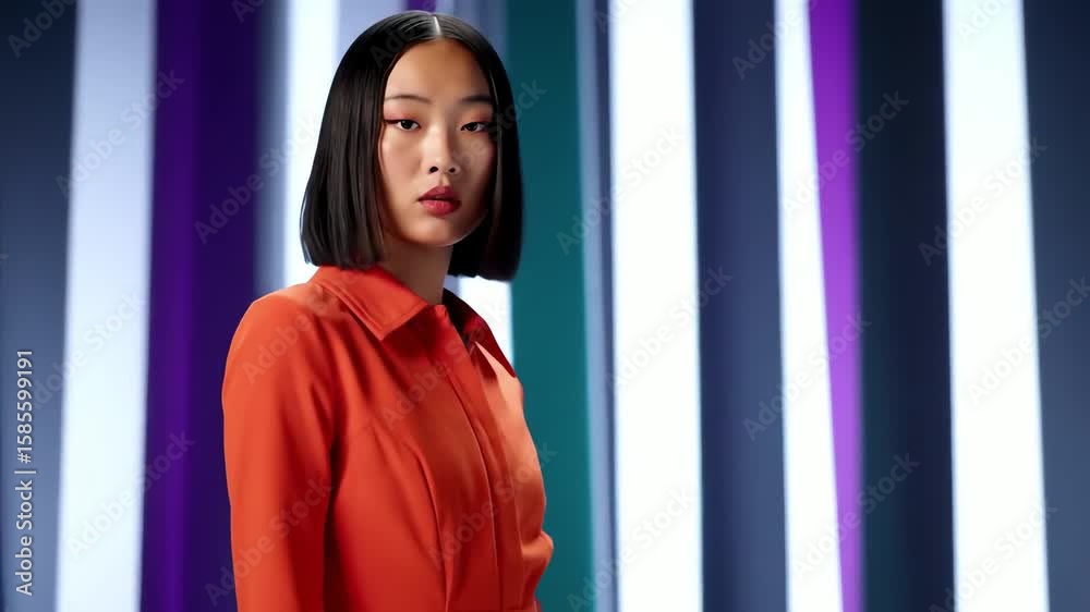 Stylish young Asian woman in a vibrant orange jumpsuit posing confidently against a colorful striped neon background Stylish young Asian woman in a vibrant orange jumpsuit posing confidently against a colorful striped neon background