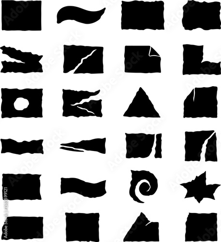Collection of diverse black silhouette shapes with torn and irregular edges on white background