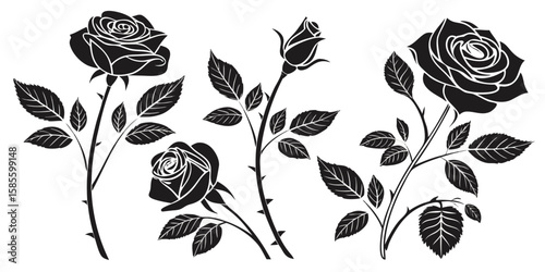 Collection of black rose silhouettes with leaves and thorns isolated on white background