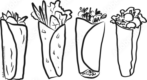 Shawarma Sandwich sketched on isolated background. Ink doodle with Traditional Fast Food, Falafel, Snack with meat, vegetable, vegetarian nutrition. Design for logo, menu, sign. Vector illustration 