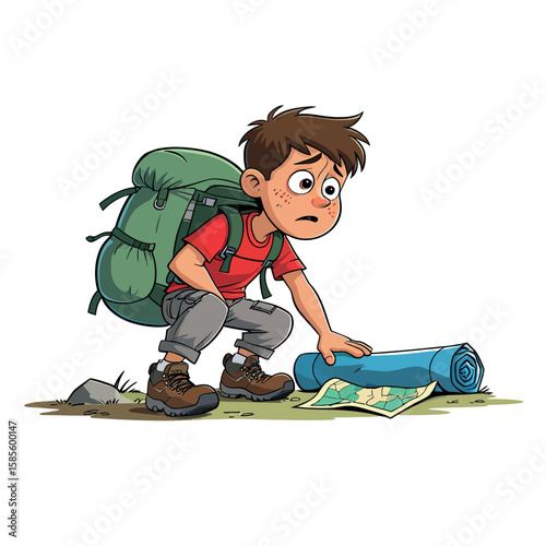 A Worried Young Male Hiker with a Large Backpack Crouching Down to Look at a Rolled-Up Map