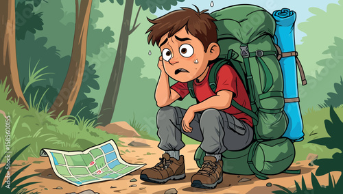 A Frustrated Young Hiker Lost in the Forest, Sweating and Confused by an Unfolded Map on the Ground