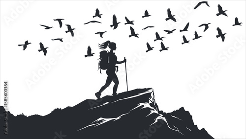 Silhouette of a Female Hiker with a Backpack and Trekking Pole Standing on a Mountain Peak as Birds Fly Overhead