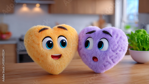 Two Fuzzy Heart Characters Expressing Different Emotions on a Wooden Surface Close Up