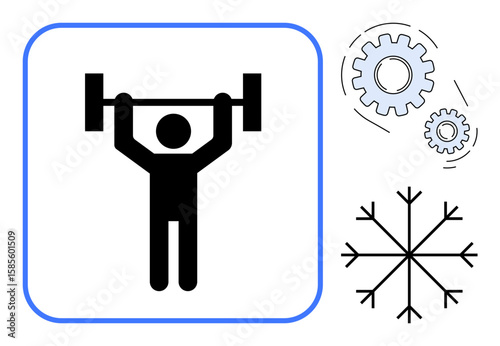 Person lifting barbell, gears representing innovation, snowflake symbolizing uniqueness and harmony. Ideal for fitness, teamwork, strength training, innovation, engineering, perseverance simple flat