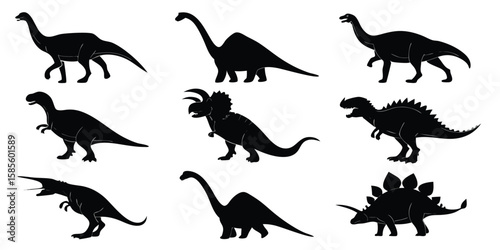 Collection of nine different dinosaur silhouettes isolated on white background