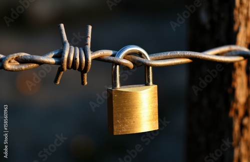 Close-up of a brass padlock securing a rusty chain on a wooden post