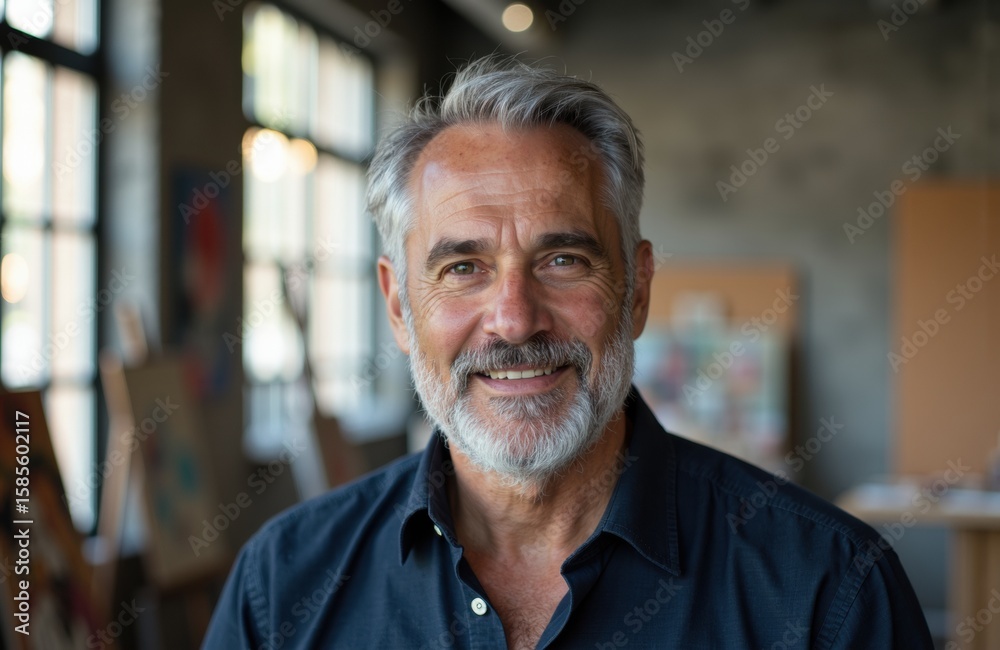 A smiling mature man with gray hair and beard in a bright, modern indoor setting A smiling mature man with gray hair and beard in a bright, modern indoor setting