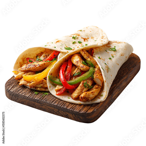 Two delicious chicken fajitas with colorful bell peppers and parsley, isolated on transparent background