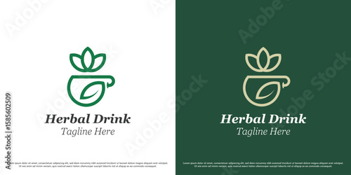 Herbal drink logo design illustration vector. Silhouette of a natural herbal cup. Simple abstract vector icon symbol for green environment.
