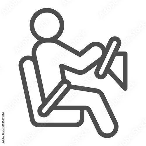 Driver and steering wheel, chair line icon, learners permit concept. Vector graphics. Man with seat belt, driving sign on white background, outline style icon for mobile or web design.