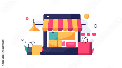 vector illustration of a shopping store and shopping bags