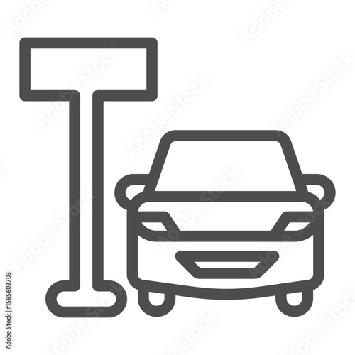 Signpost of place and car line icon, learners permit concept. Vector graphics. Car vehicle and plank pole, location tag sign on white background, outline style icon for mobile or web design.