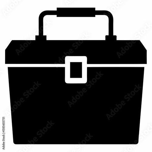 Simple black silhouette of a sturdy toolbox with a prominent latch and a comfortable handle isolated on white background
