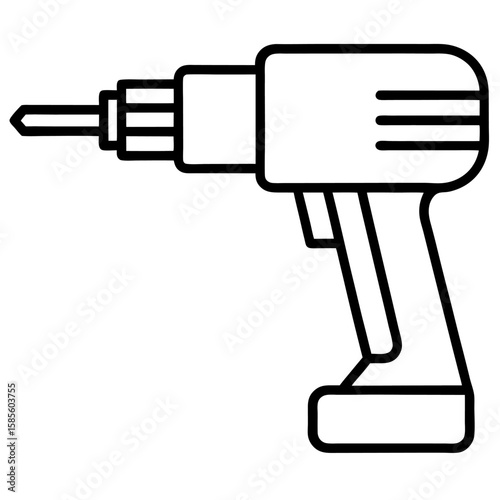 Detailed line art illustration of a power drill with a trigger and drill bit isolated on white background