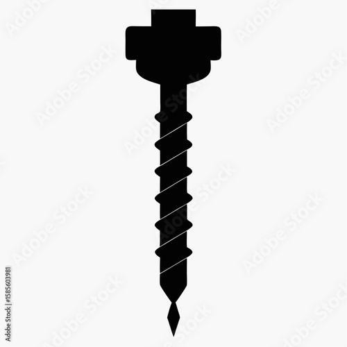 Black silhouette of a drill bit with spiral grooves isolated on white background