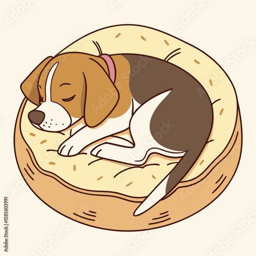 Adorable Beagle Puppy Sleeping Soundly in Donut-Shaped Bed