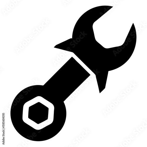 Black silhouette of a mechanical wrench firmly gripping a hexagonal nut isolated on white background