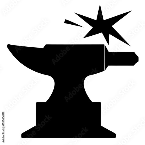 Black silhouette of a hammer striking an anvil isolated on white background