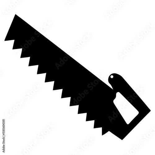 Silhouette of a handsaw actively cutting through a wooden plank isolated on white background
