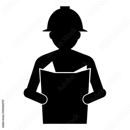 Silhouette of a construction worker holding a tool isolated on white background