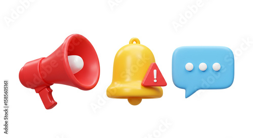 Urgent notifications delivered through a megaphone bell and message bubble all set against a on transparent background