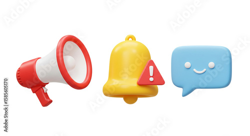 Announcing urgent alerts with a megaphone and a smiling message with playful notifications in on transparent background
