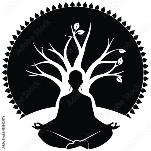 Silhouette of a Yogi Meditating Under a Tree A Vector Illustration