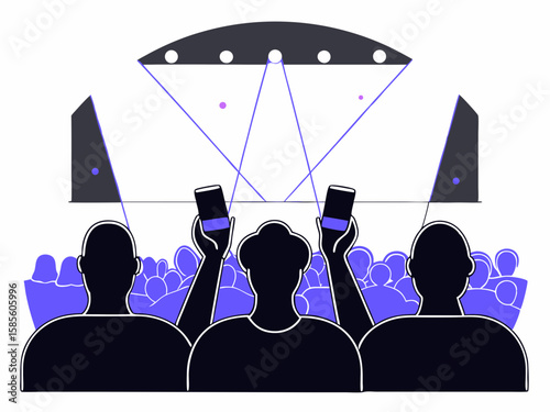 Concert attendees recording performance with smartphones in front of stage lights