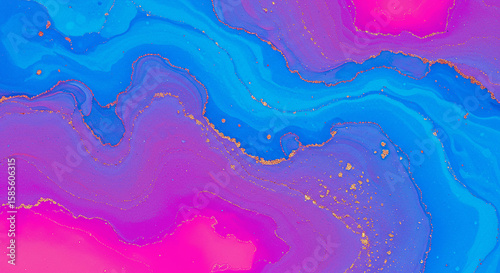 Abstract flowing waves of vibrant blue and pink with shimmering gold accents