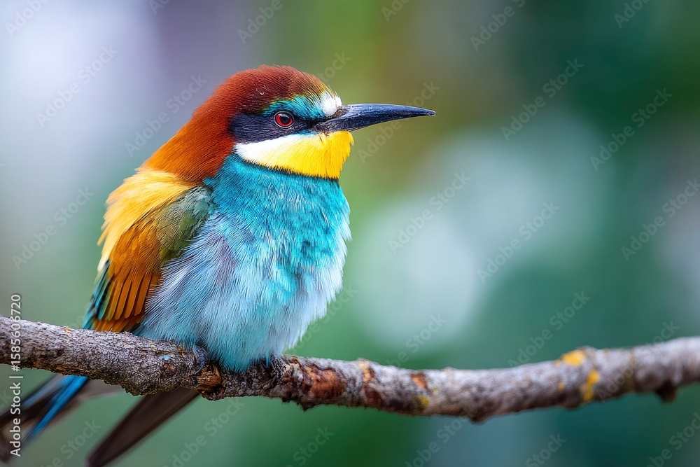 Fototapeta premium A vibrant European Beeeater perched on a branch displaying its colorful plumage against a blurred background