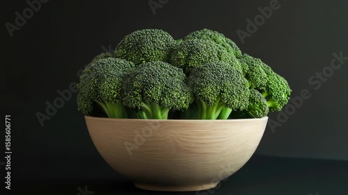A fresh bouquet of dark green broccoli florets nestled in a natural wooden bowl, highlighting the vibrant color and unique texture of the vegetables, suggesting healthy eating options and food