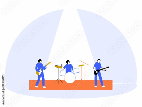 Minimalist illustration of a band performing on stage with spotlight and transparency