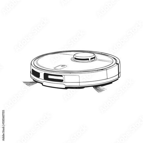 Minimalist smart robot vacuum cleaner in black outline style on transparent background. Modern house cleaning device illustration for tech blog, e-commerce shop, or smart home UI.